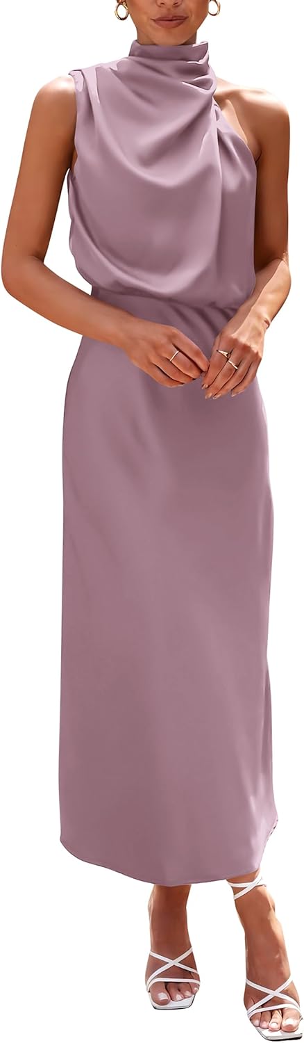 Vivienne Women's Satin Mock Neck Maxi Dress with Asymmetrical Shoulder & Flowy Skirt
