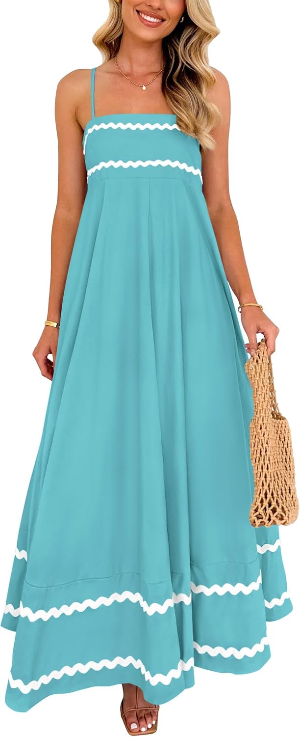 Ysabelle Spaghetti Strap Boho Maxi Dress with Square Neck and Contrast Trim Details