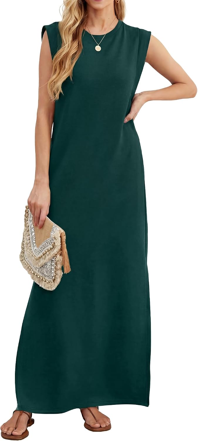 Milena Women's Sleeveless Maxi Tank Dress with Side Slit & Pockets