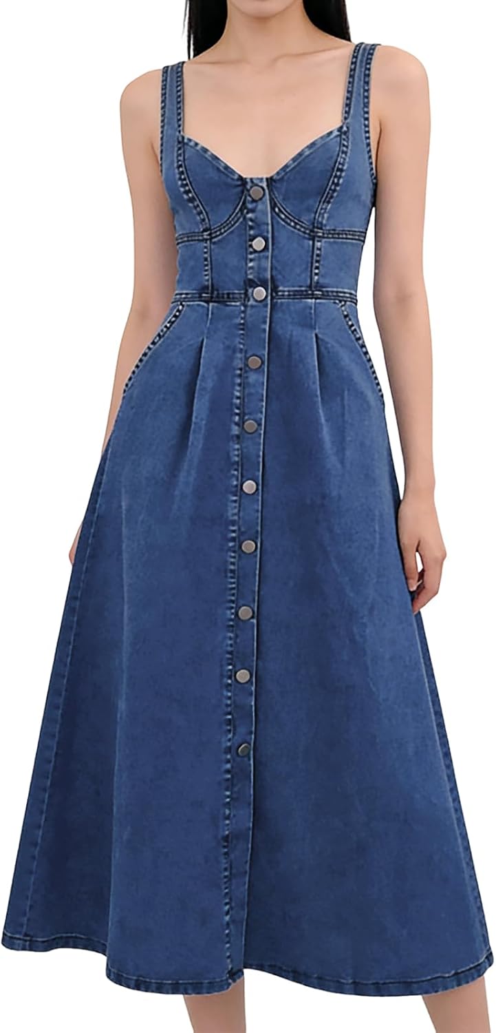 Delphine Women's Sleeveless Button-Front Denim Midi Dress with Smocked Back & A-Line Skirt