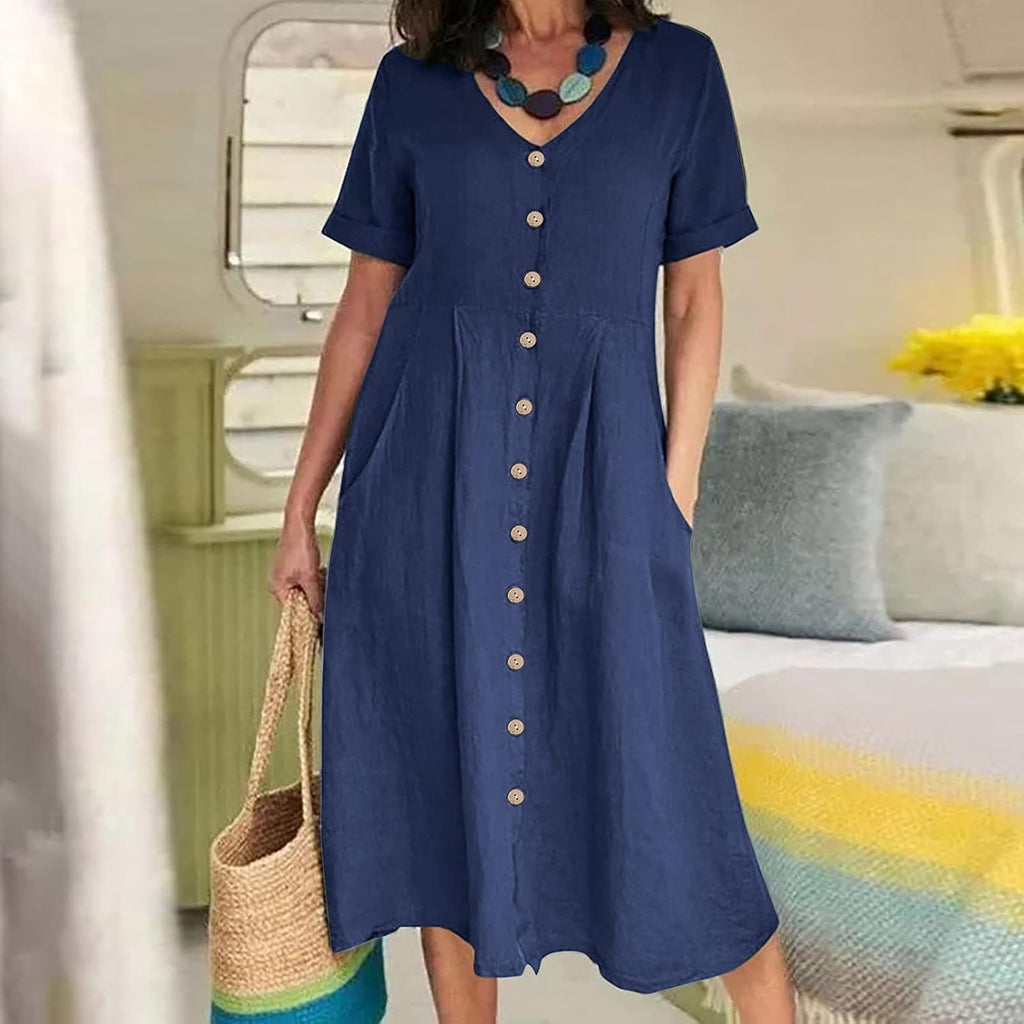 Althea Cotton Linen Blend Button Front Midi Dress with V-Neck and Side Pockets