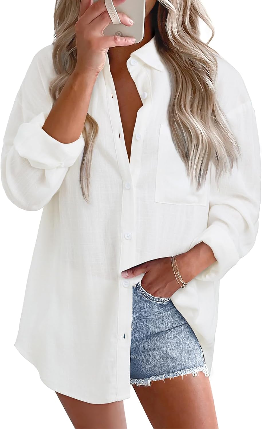 Freja Linen Blend Oversized Button-Down Roll Sleeve Collared Women's Relaxed Shirt Blouse