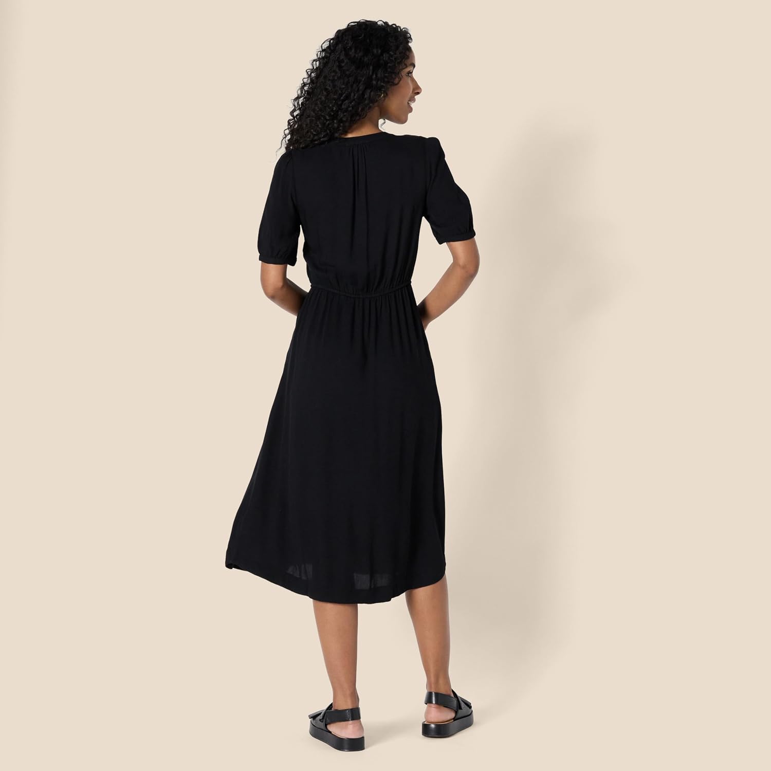 Sylviane Women's Button-Front Midi Dress with Drawstring Waist & Half Sleeves
