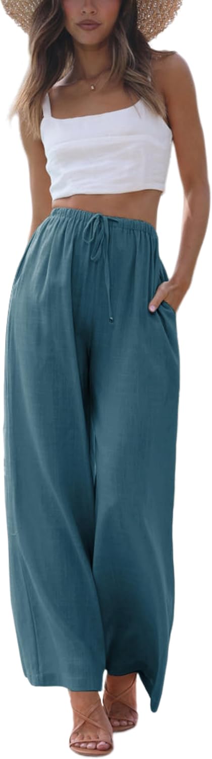 Noelle - Cotton Linen Wide Leg Palazzo Pants with Drawstring Waist and Side Pockets