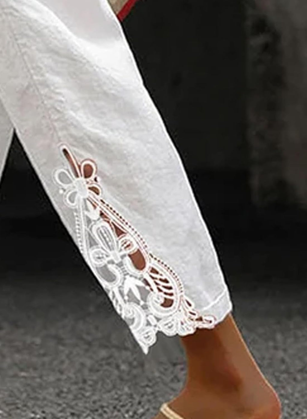 Blaire - Cotton Capri Pants with Lace Hem, Drawstring Waist, Pockets and Loose Fit