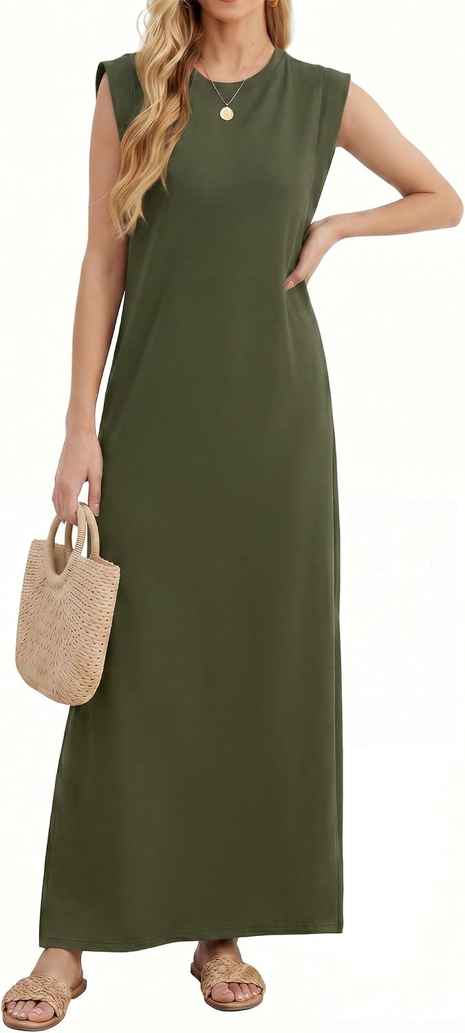 Milena Women's Sleeveless Maxi Tank Dress with Side Slit & Pockets