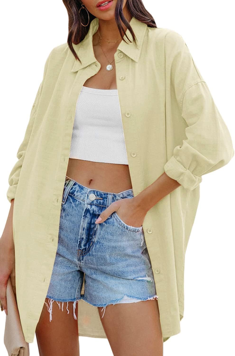 Jelai - Oversized Linen Blend Button-Down Blouse with Long Sleeves and Chest Pocket