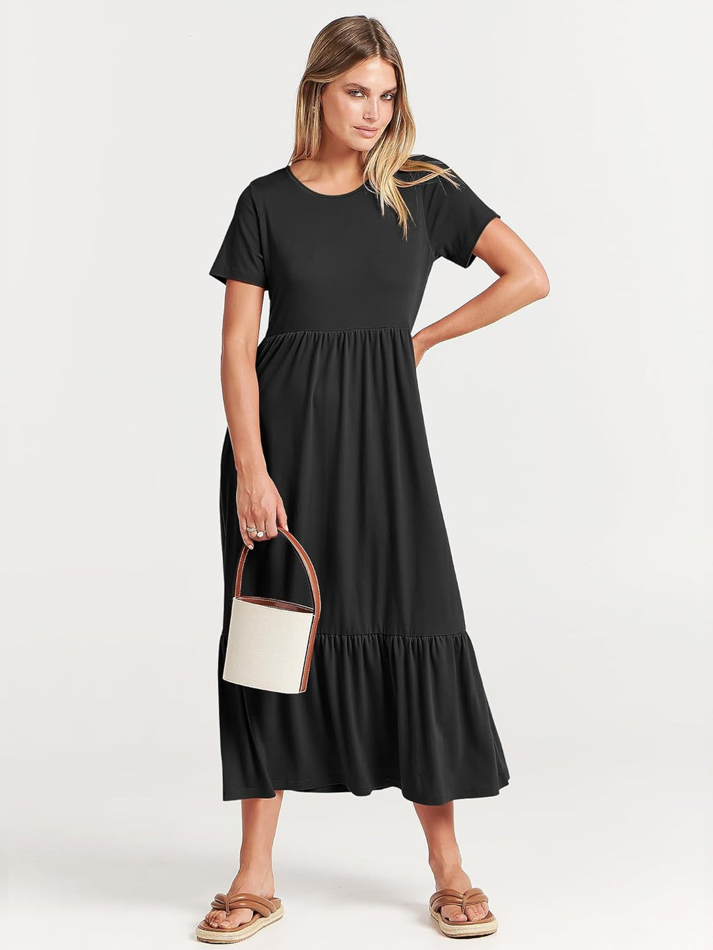 Brielle Women's Tiered Maxi Dress with Short Sleeves, Crew Neck & Side Pockets