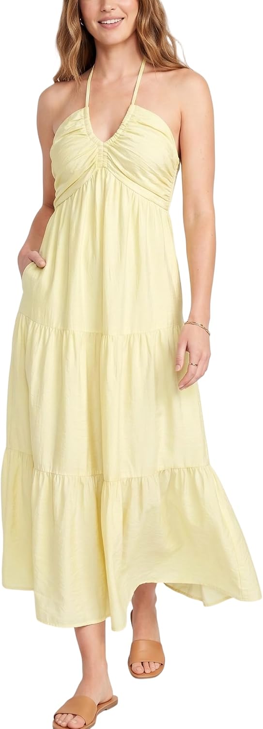Soleia Women's Twist Halter Maxi Dress with Tiered Skirt, Cut-Out Detail & Pockets
