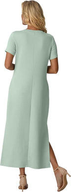 Odette Women's Short Sleeve Maxi Dress with Side Slit & Pockets
