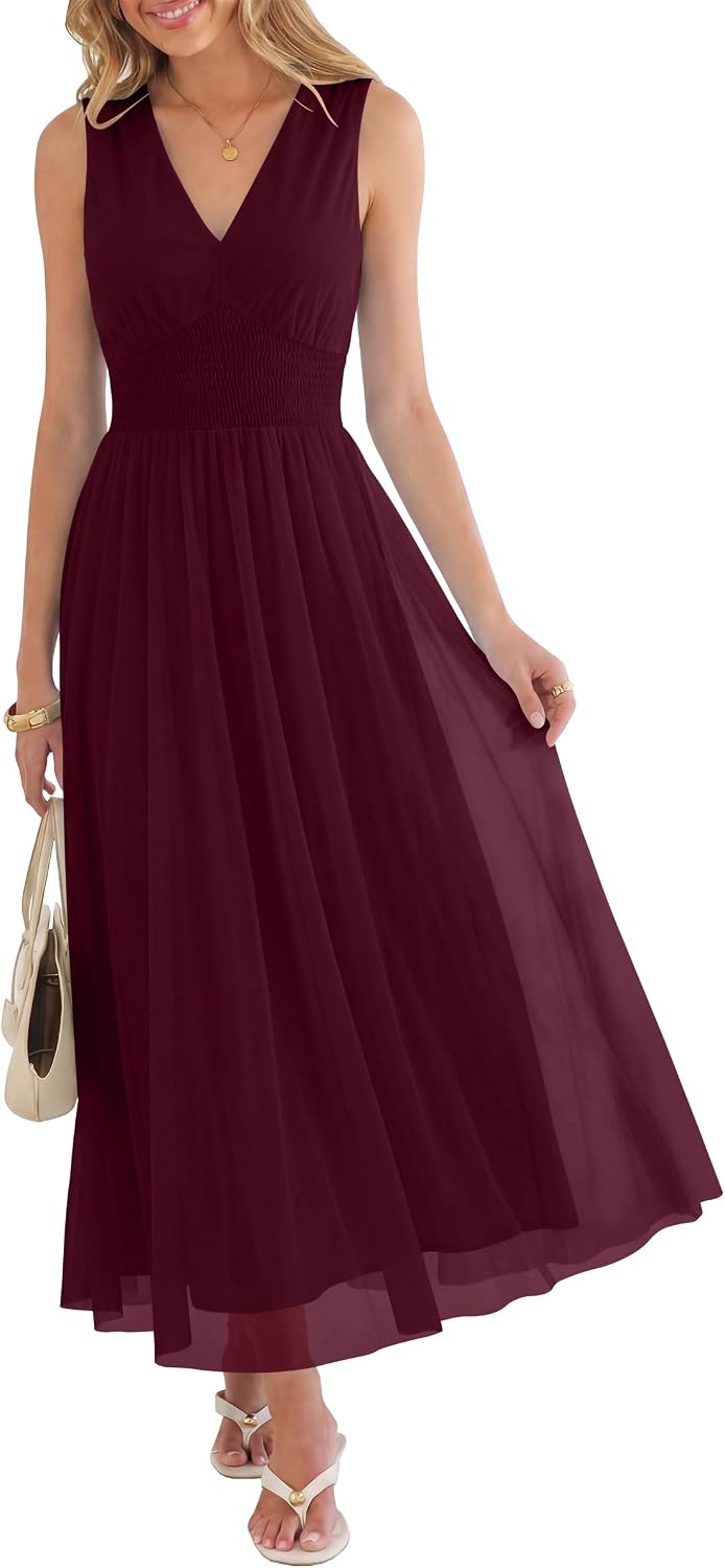Rosalind Women's Floral Tulle Maxi Dress with V-Neck, Sleeveless A-Line Silhouette & Elastic Waist
