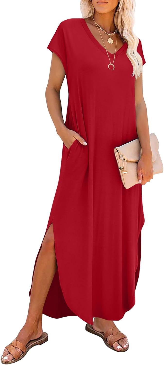Mireya V-Neck Cap Sleeve Maxi Dress with Side Slits and Pockets for Everyday Summer Style