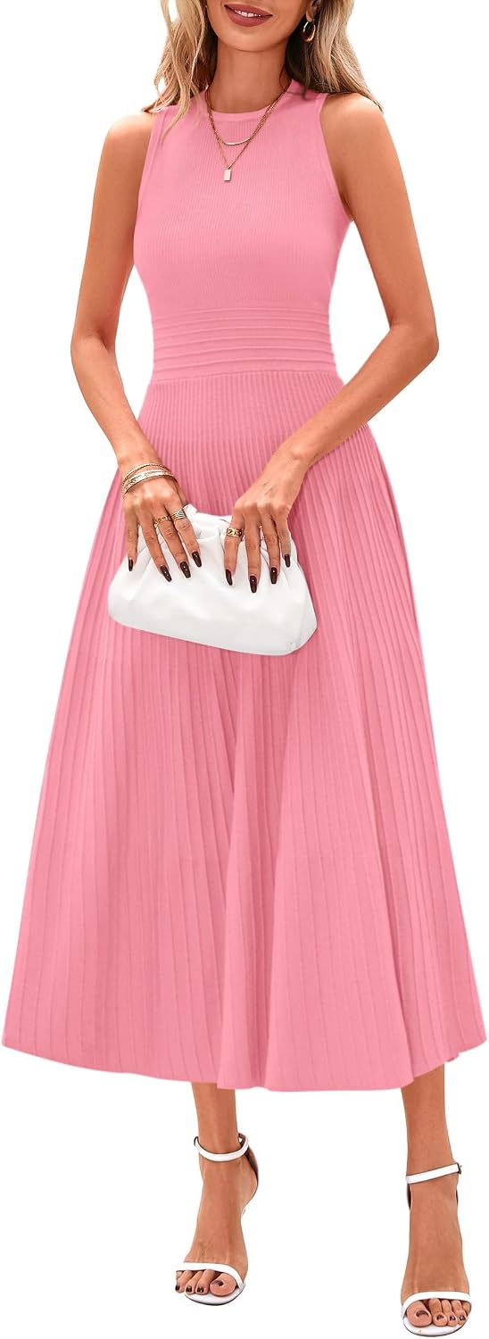 Elise Women's Pleated A-Line Midi Dress with Sleeveless Crew Neck & High Waist
