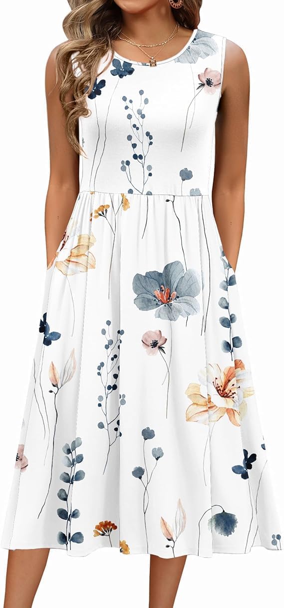 Evangeline Women's Sleeveless Botanical Print A-Line Midi Dress with Pockets