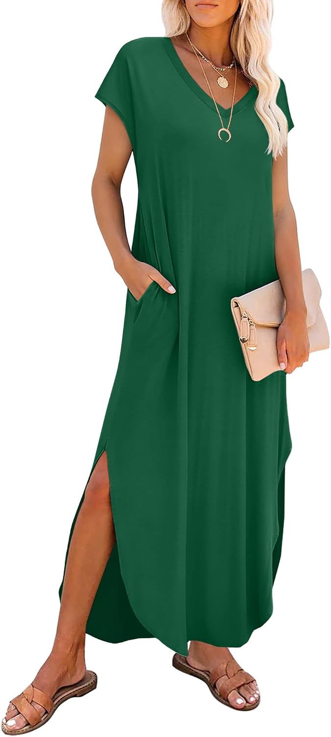 Mariselle Women's Cap Sleeve V-Neck Maxi Dress with Side Slits & Pockets
