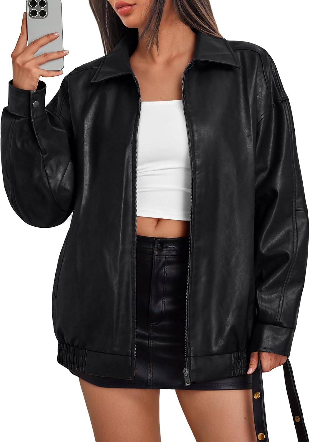 Jenna Women's Vegan Leather Bomber Jacket – Oversized Boyfriend Fit & Zip-Up Front