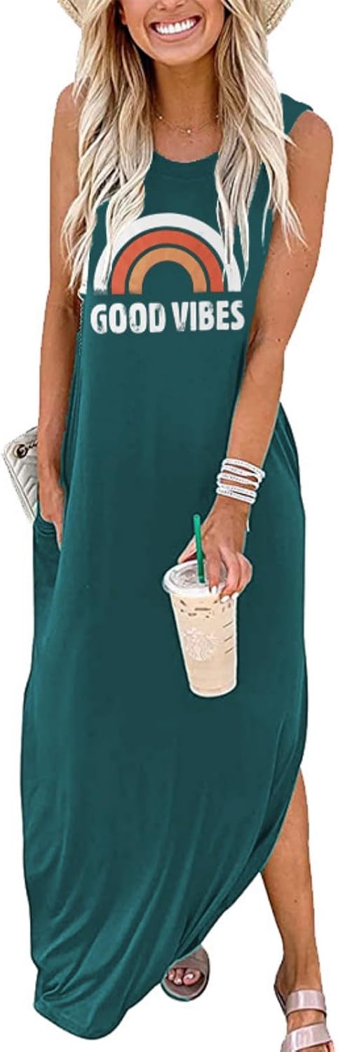 Celestia Women's Sleeveless Good Vibes Graphic Maxi Dress with Side Pockets
