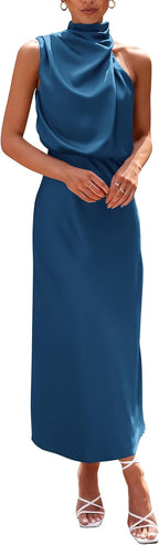 Vivienne Women's Satin Mock Neck Maxi Dress with Asymmetrical Shoulder & Flowy Skirt