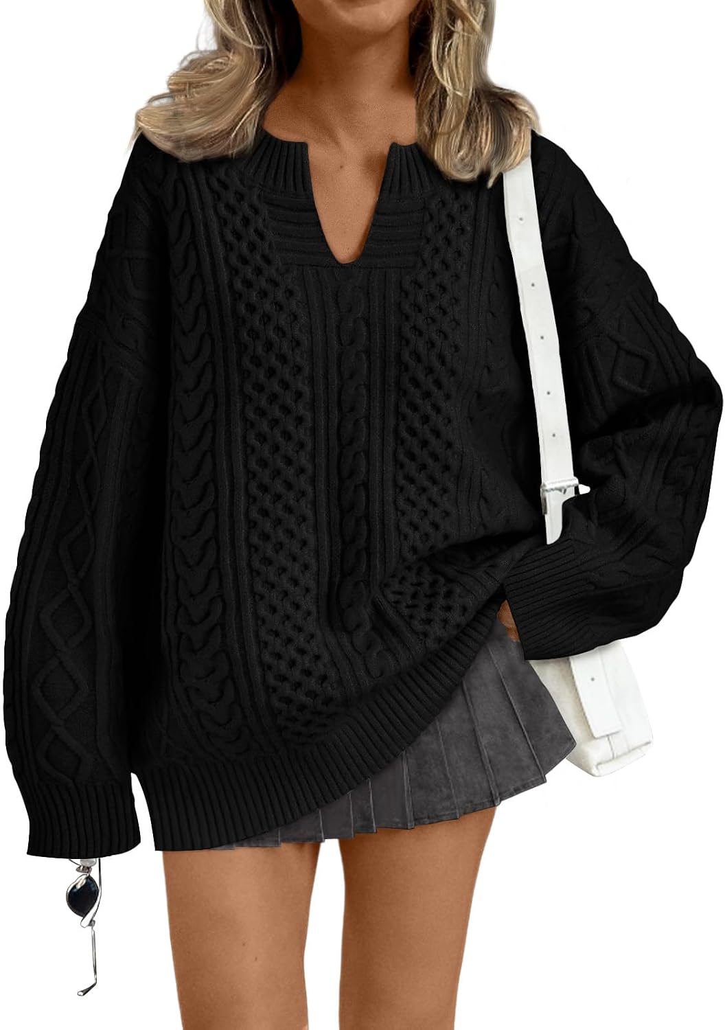 Katherine Women's Cable Knit V-Neckline Sweater – Dropped-Shoulder Design, Ribbed Detailing & Easy Fit