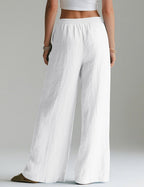 Marites - Linen Blend Wide Leg Palazzo Pants with Elastic Waist and Side Pockets