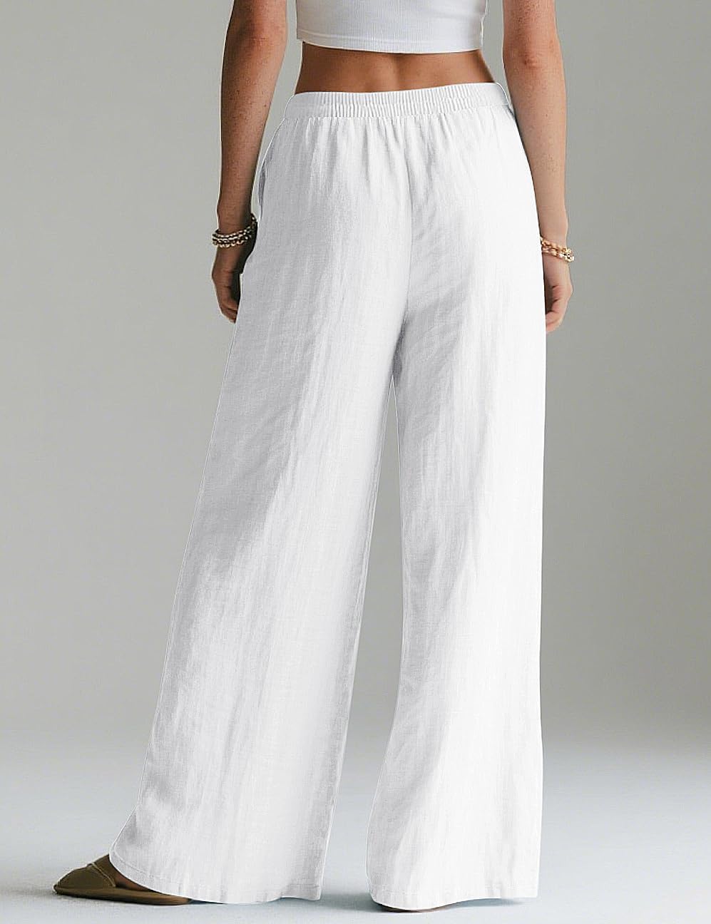 Marites - Linen Blend Wide Leg Palazzo Pants with Elastic Waist and Side Pockets