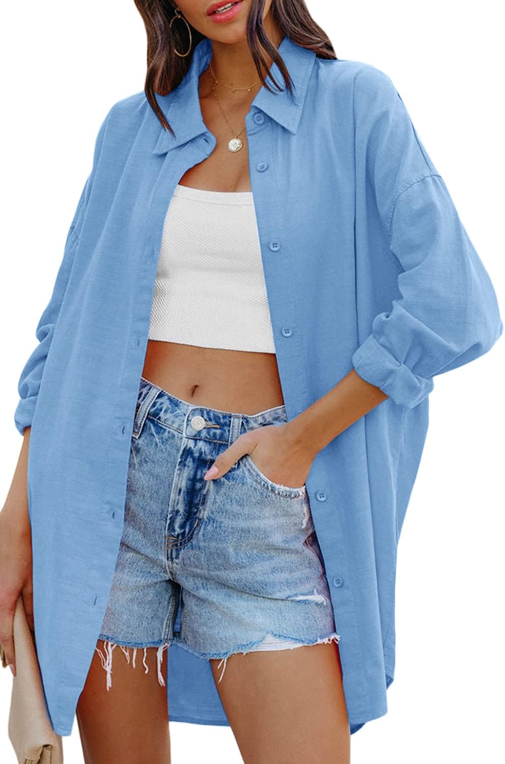 Jelai - Oversized Linen Blend Button-Down Blouse with Long Sleeves and Chest Pocket