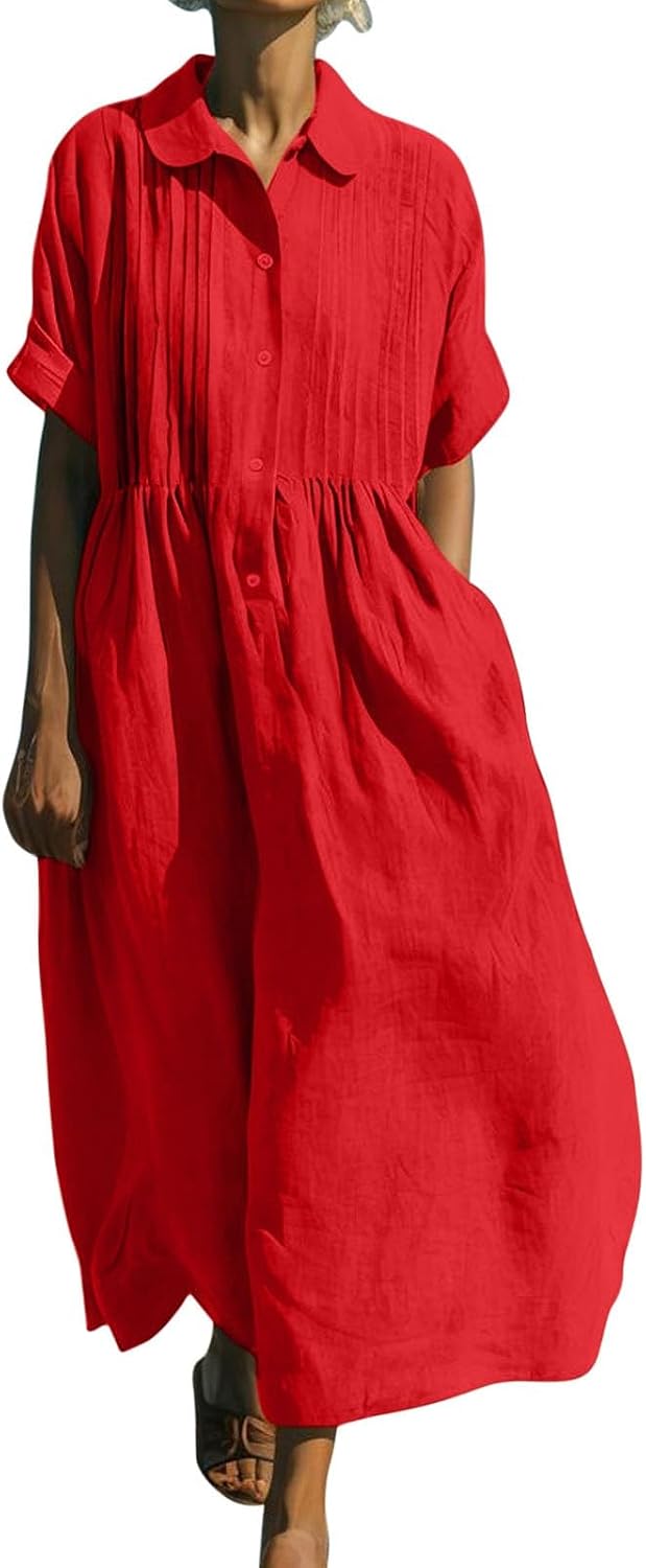 Emelina Cotton Linen Blend Button Front Maxi Dress with Short Sleeves and Pockets