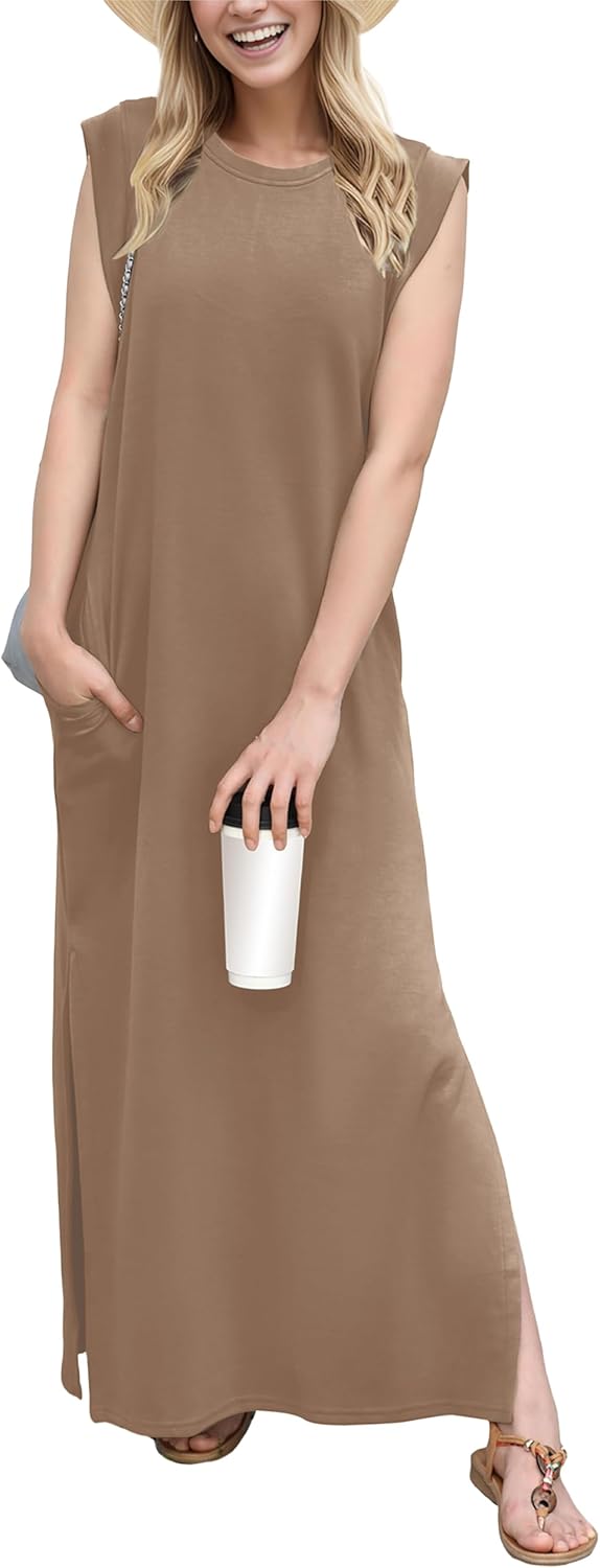 Coralie Women's Sleeveless Maxi Dress with Side Slit, Pockets & Wrinkle-Resistant Fabric