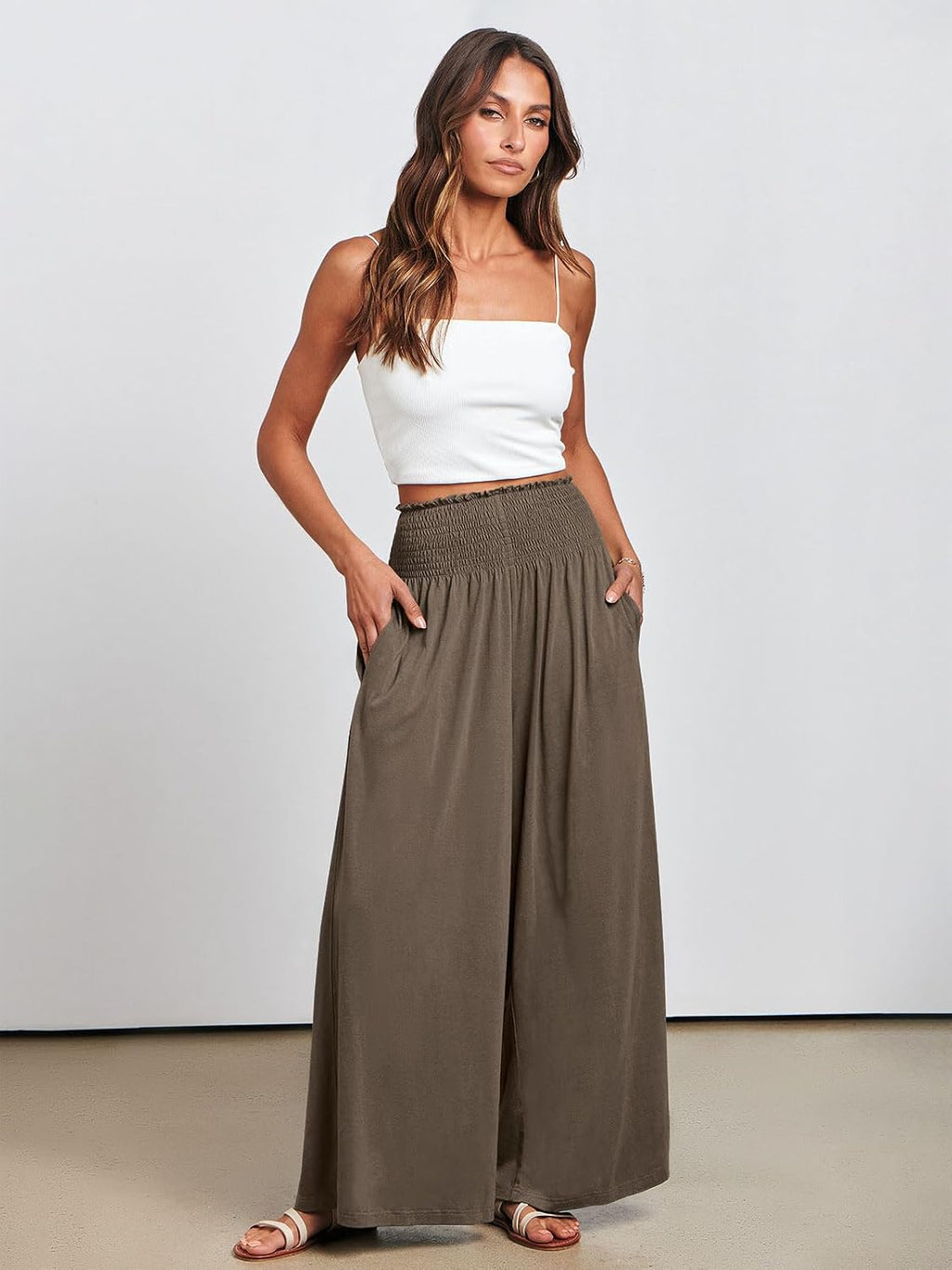 Fatima - Smocked High Waist Wide Leg Palazzo Pants with Pockets and Relaxed Fit
