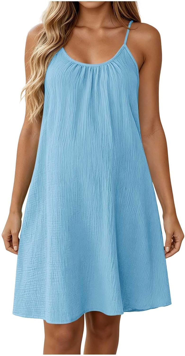 Amélie Cotton Linen Swing Dress – Sleeveless Spaghetti Strap Mini Sundress