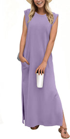 Coralie Women's Sleeveless Maxi Dress with Side Slit, Pockets & Wrinkle-Resistant Fabric
