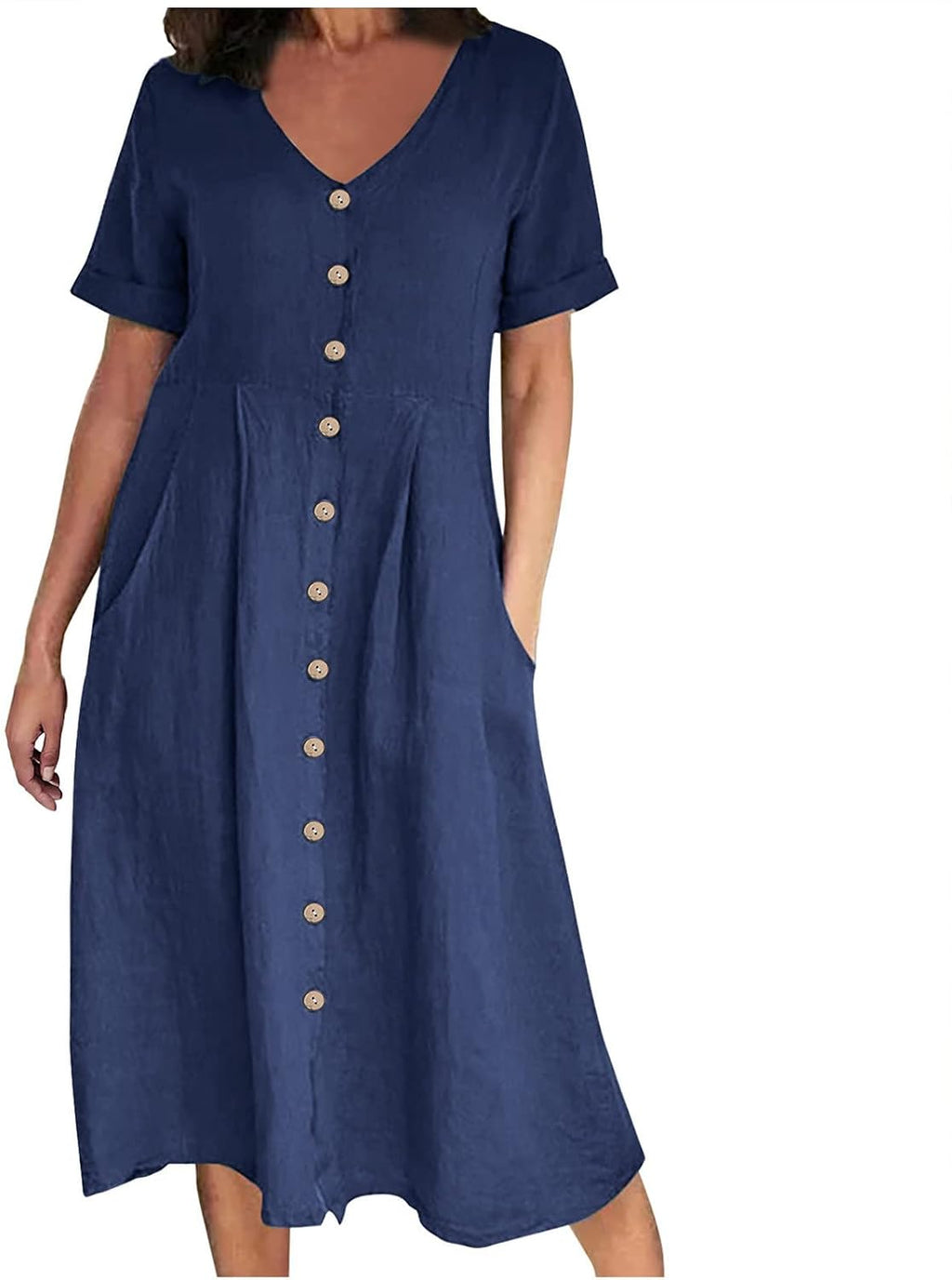 Althea Cotton Linen Blend Button Front Midi Dress with V-Neck and Side Pockets