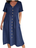 Althea Cotton Linen Blend Button Front Midi Dress with V-Neck and Side Pockets