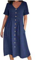 Althea Cotton Linen Blend Button Front Midi Dress with V-Neck and Side Pockets