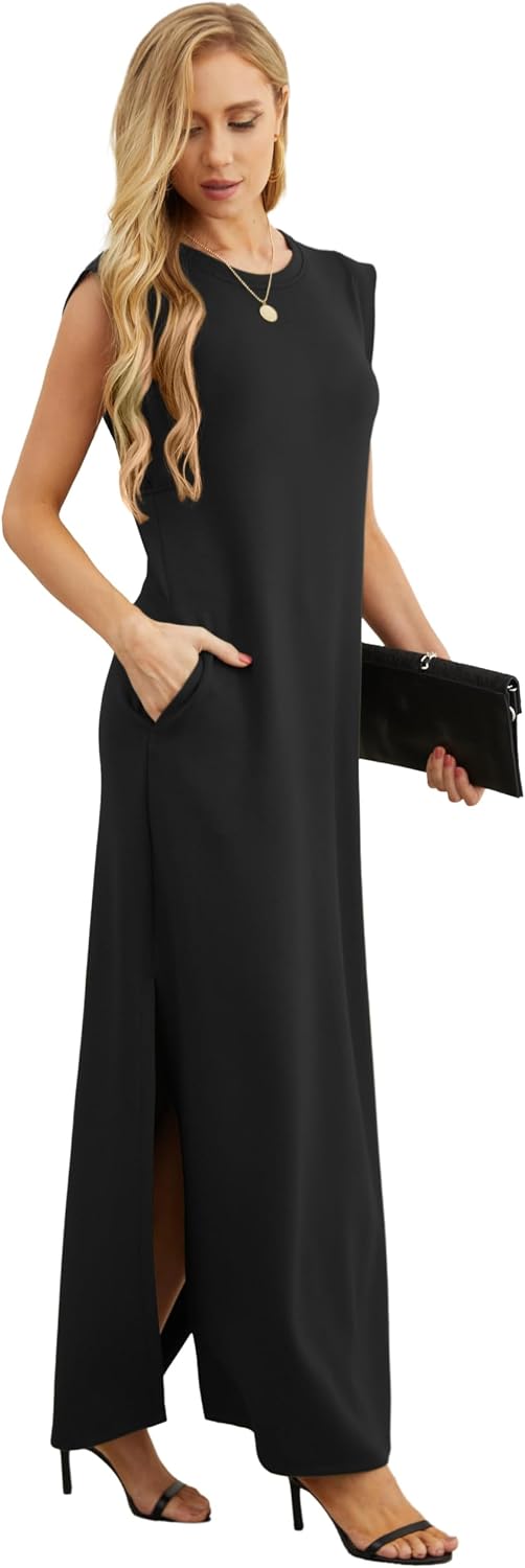 Coralie Women's Sleeveless Maxi Dress with Side Slit, Pockets & Wrinkle-Resistant Fabric