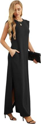 Sofia Sleeveless Maxi Dress – Crew Neck Side Slit Casual Dress with Pockets