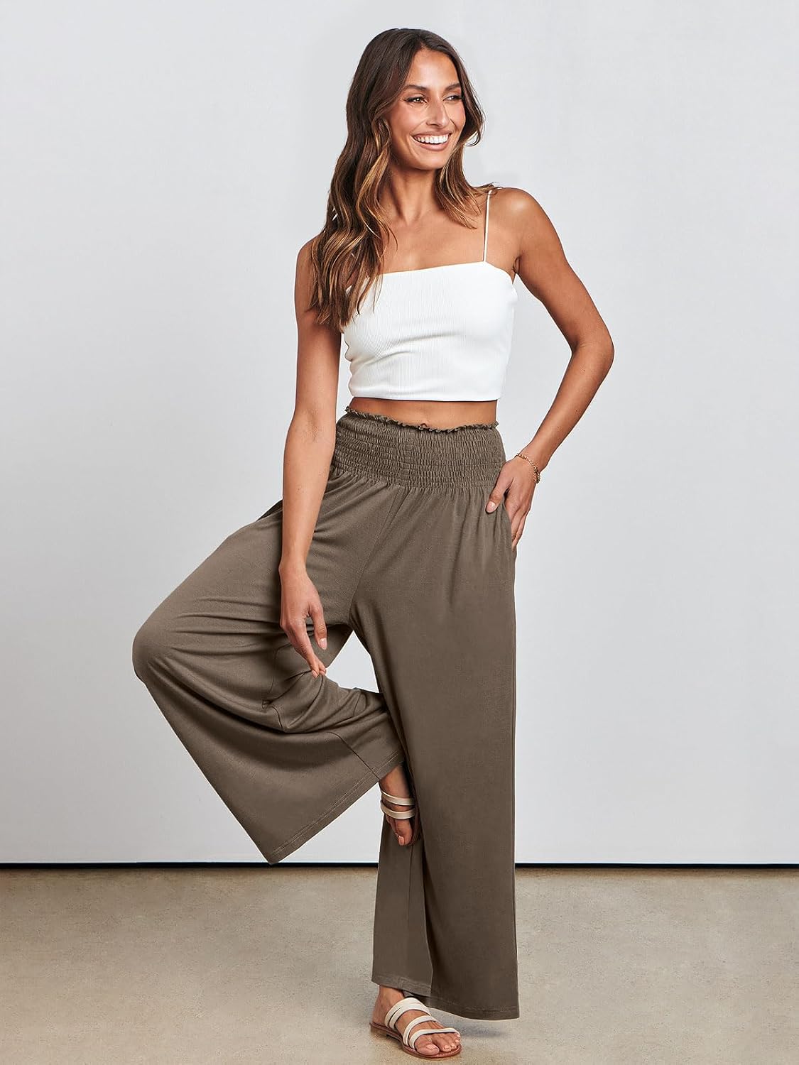 Fatima - Smocked High Waist Wide Leg Palazzo Pants with Pockets and Relaxed Fit