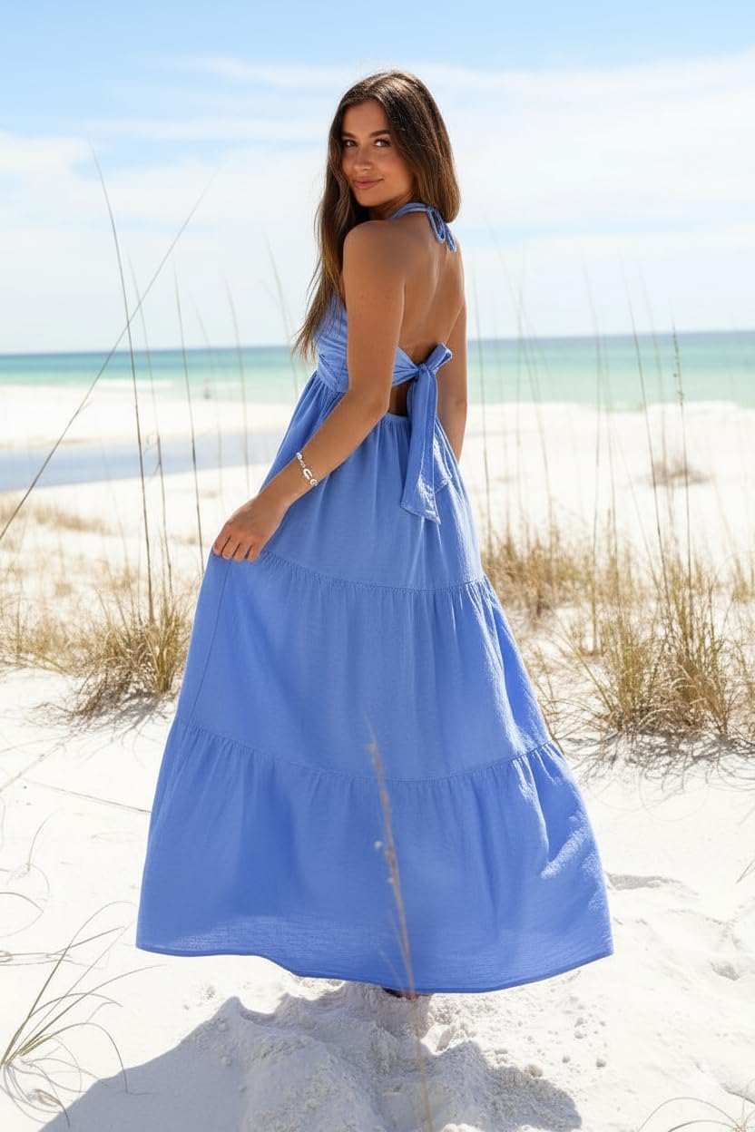 Soleia Women's Twist Halter Maxi Dress with Tiered Skirt, Cut-Out Detail & Pockets