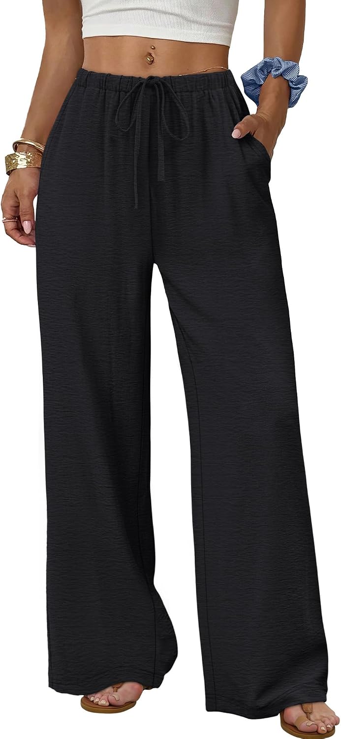 Lualhati - Flowy Wide Leg Palazzo Pants with Drawstring Waist and Side Pockets