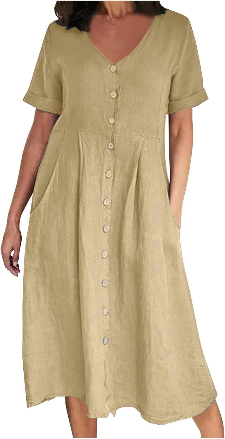 Althea Cotton Linen Blend Button Front Midi Dress with V-Neck and Side Pockets