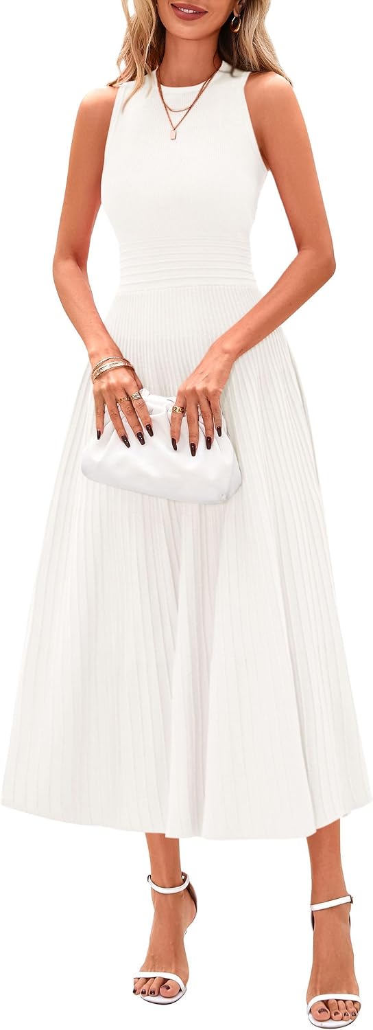 Elise Women's Pleated A-Line Midi Dress with Sleeveless Crew Neck & High Waist
