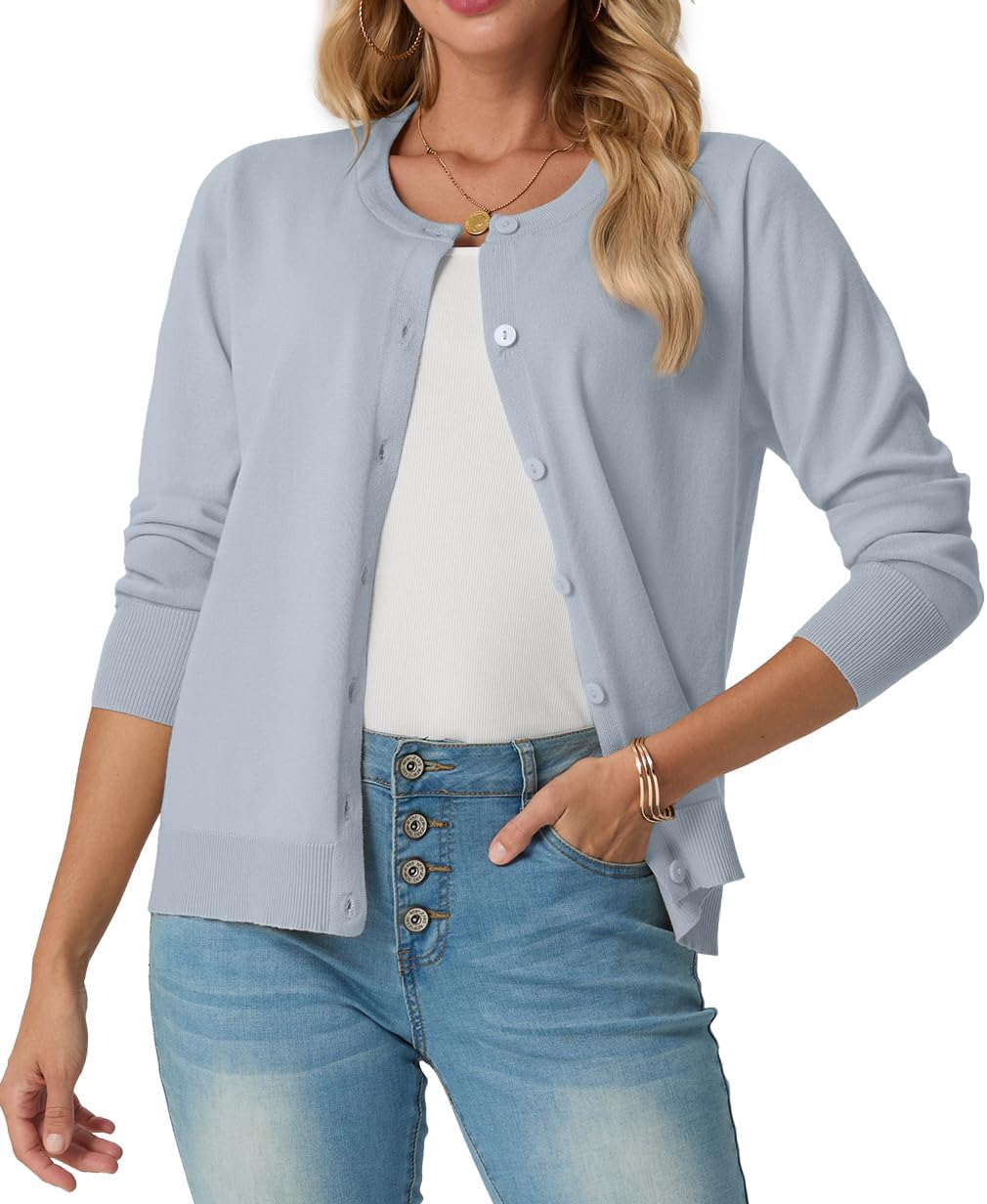 Roxanne - Classic Crew Neck Button Knit Cardigan Sweater for Everyday Layering Women