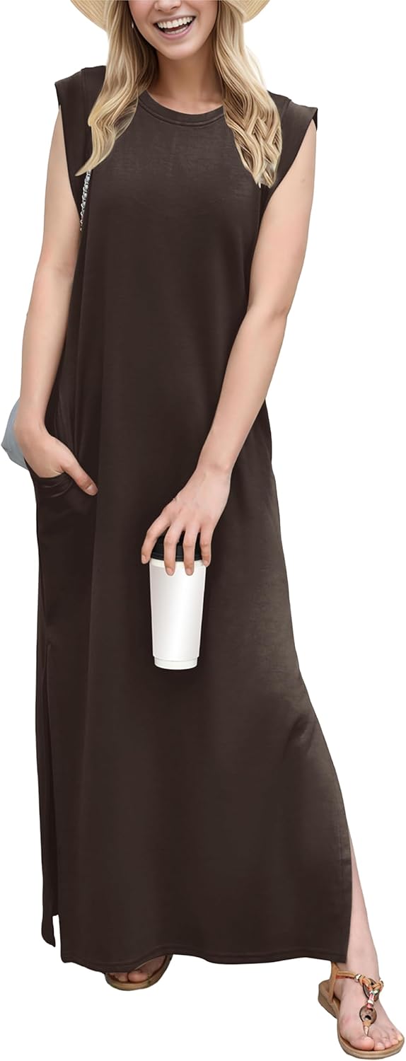 Coralie Women's Sleeveless Maxi Dress with Side Slit, Pockets & Wrinkle-Resistant Fabric