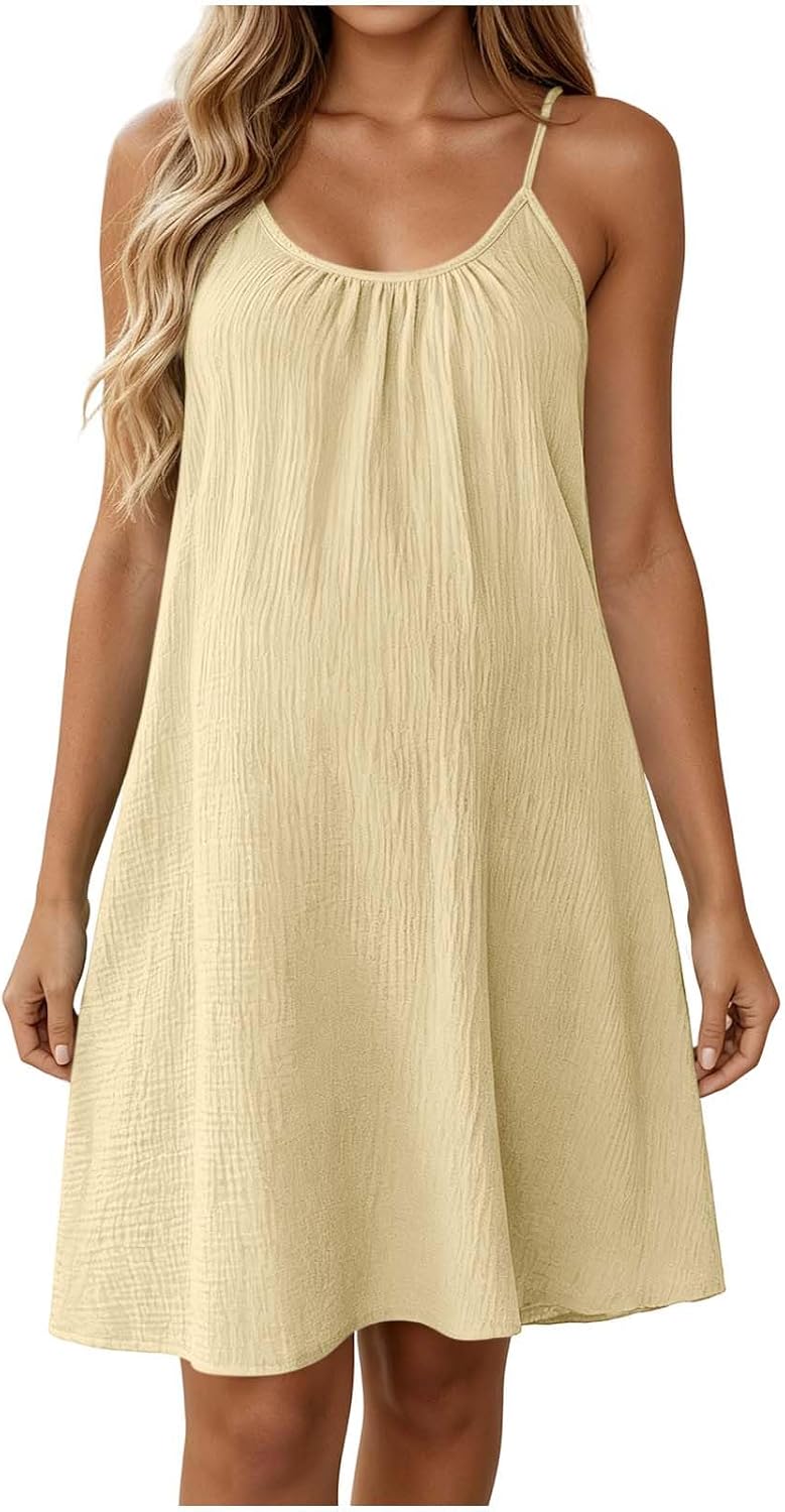 Amélie Cotton Linen Swing Dress – Sleeveless Spaghetti Strap Mini Sundress