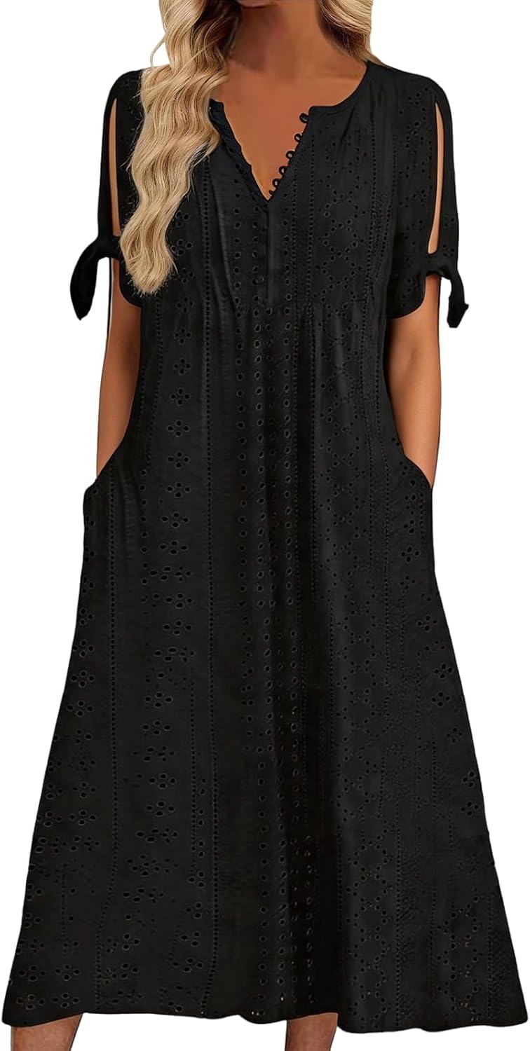 Maren Women's Eyelet V-Neck Maxi Dress with Tie Sleeves and Pockets