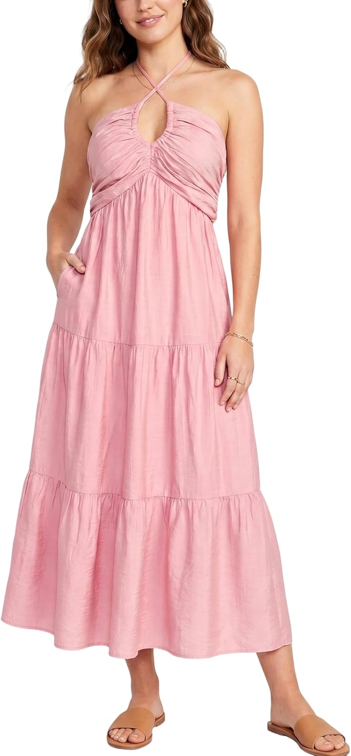 Soleia Women's Twist Halter Maxi Dress with Tiered Skirt, Cut-Out Detail & Pockets