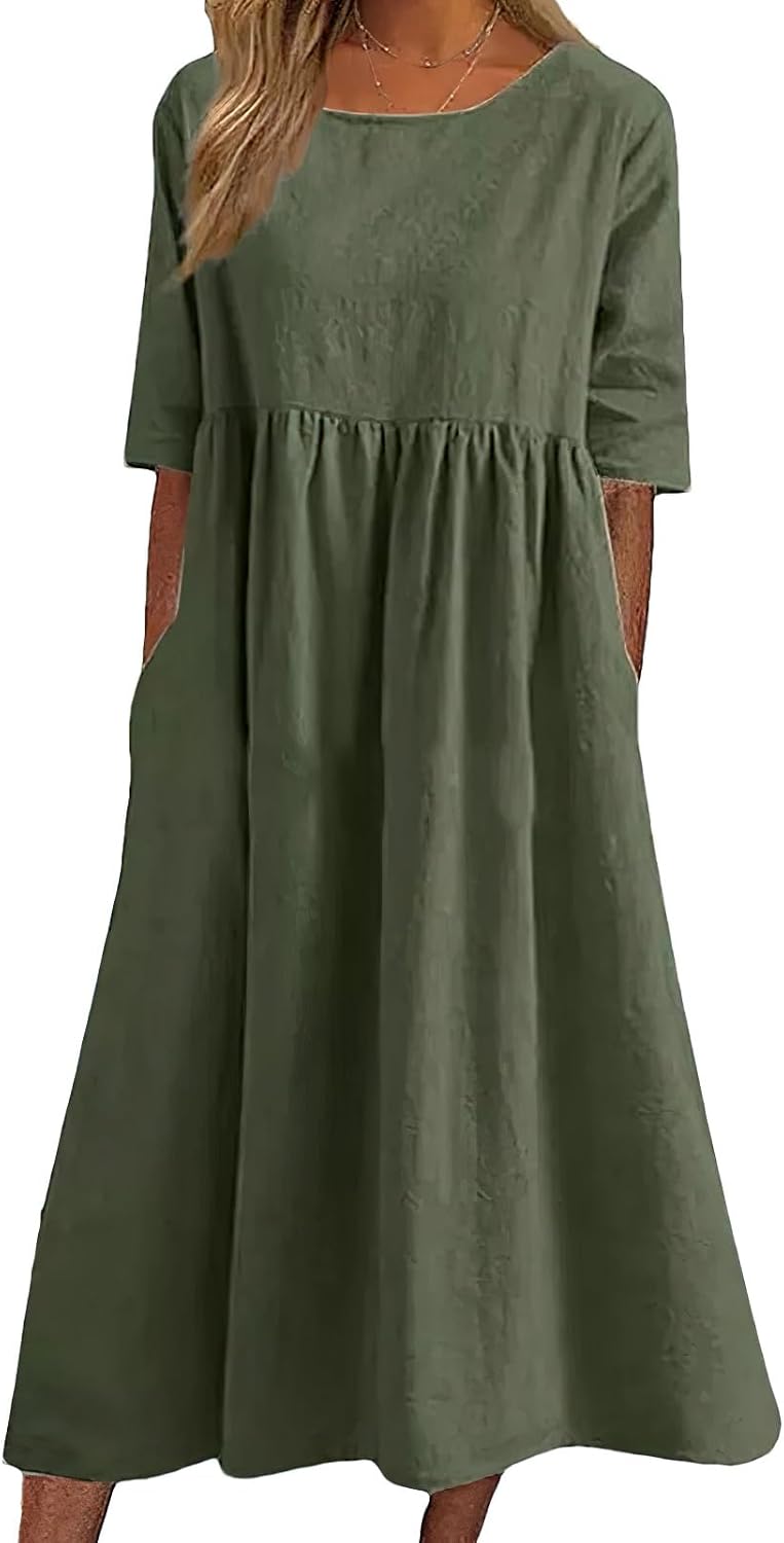 Elowen Cotton Linen Blend Maxi Dress with Round Neck, Short Sleeves and Side Pockets