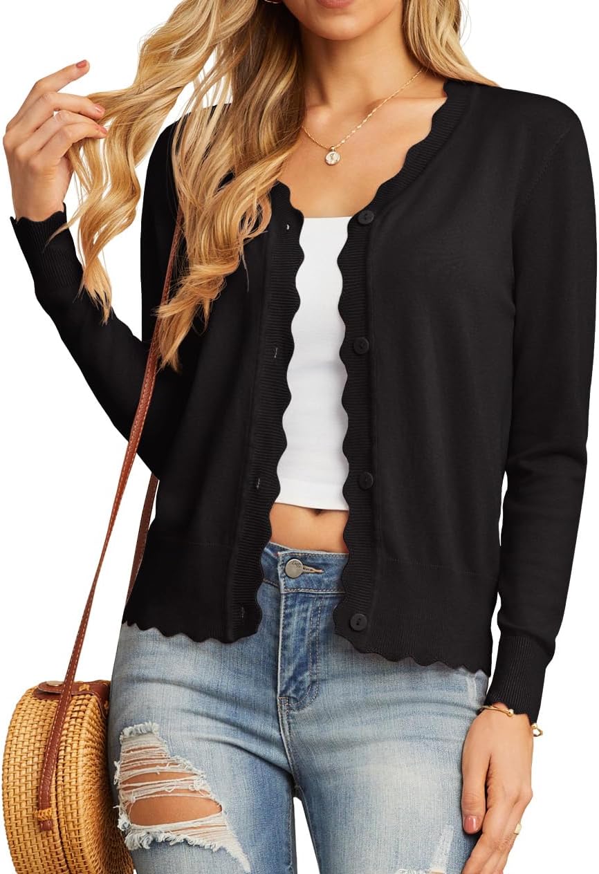 Nerina - Lightweight Knit Cardigan with Scalloped Trim and Button Front for Women
