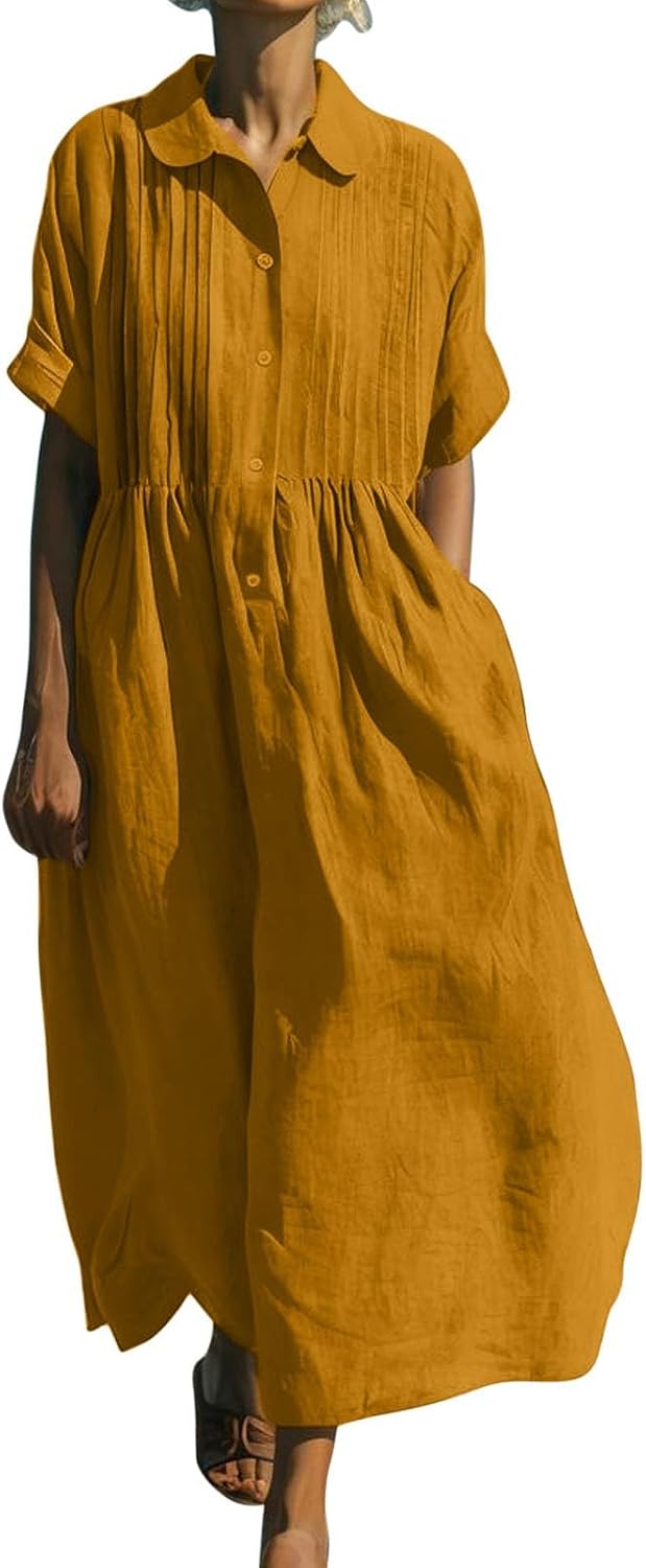 Emelina Cotton Linen Blend Button Front Maxi Dress with Short Sleeves and Pockets