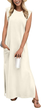 Coralie Women's Sleeveless Maxi Dress with Side Slit, Pockets & Wrinkle-Resistant Fabric